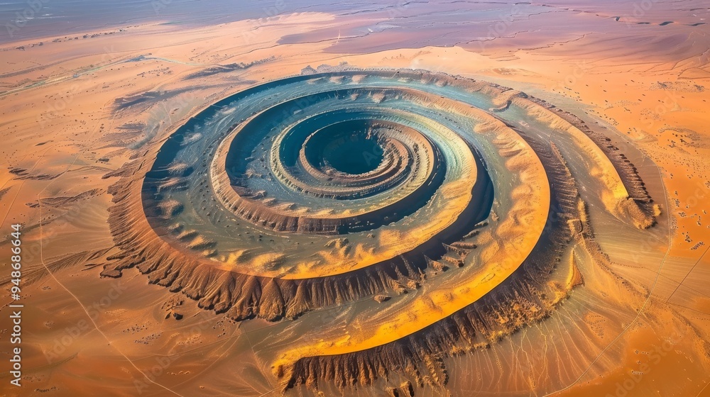 Canvas Prints Aerial view of a massive, spiral-shaped geological formation in a desert landscape.