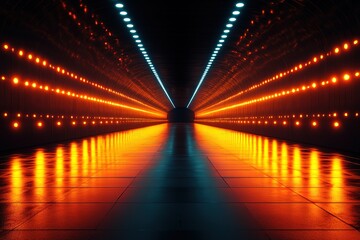 A long tunnel with orange lights on the ceiling
