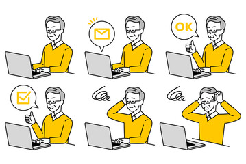 ノートパソコンで仕事をしている年配の男性　セット