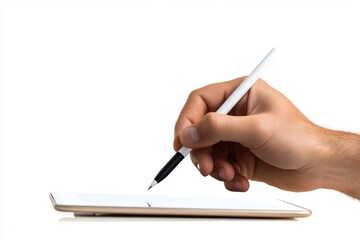 Blogger writing article on tablet with pen on white background.