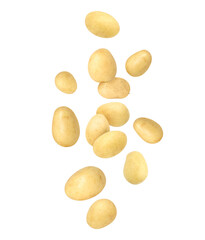 Fresh potatoes in air on white background