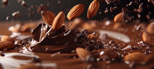 Super slow motion shot of almonds falling into melted chocolate at 1000 frames per second