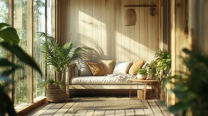 Naklejka premium A cozy sunlit patio with a wooden couch, wicker hanging lamp, green plants, and a woven rug.
