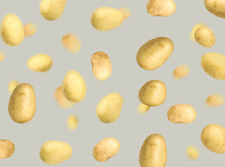 Fresh potatoes in air on grey background
