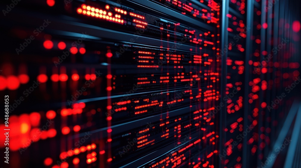 Poster abstract digital background with vibrant red lights, showcasing a futuristic data center and technol
