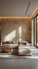 A modern living room with a large sectional sofa, wooden coffee table, and large windows.