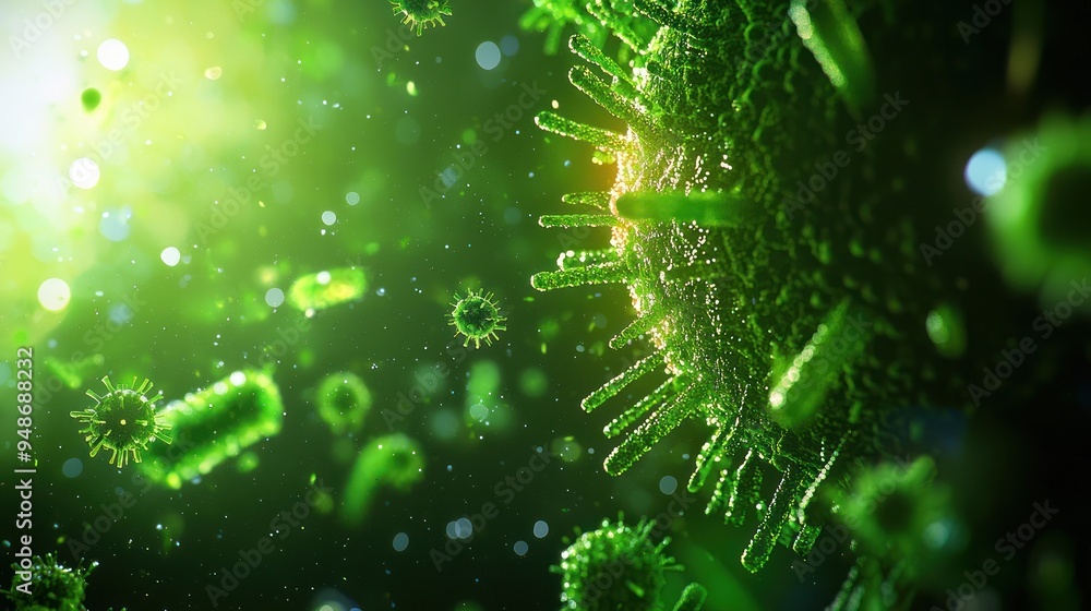 Poster close-up view of green microorganisms showcasing intricate details and textures in a vibrant, dynami