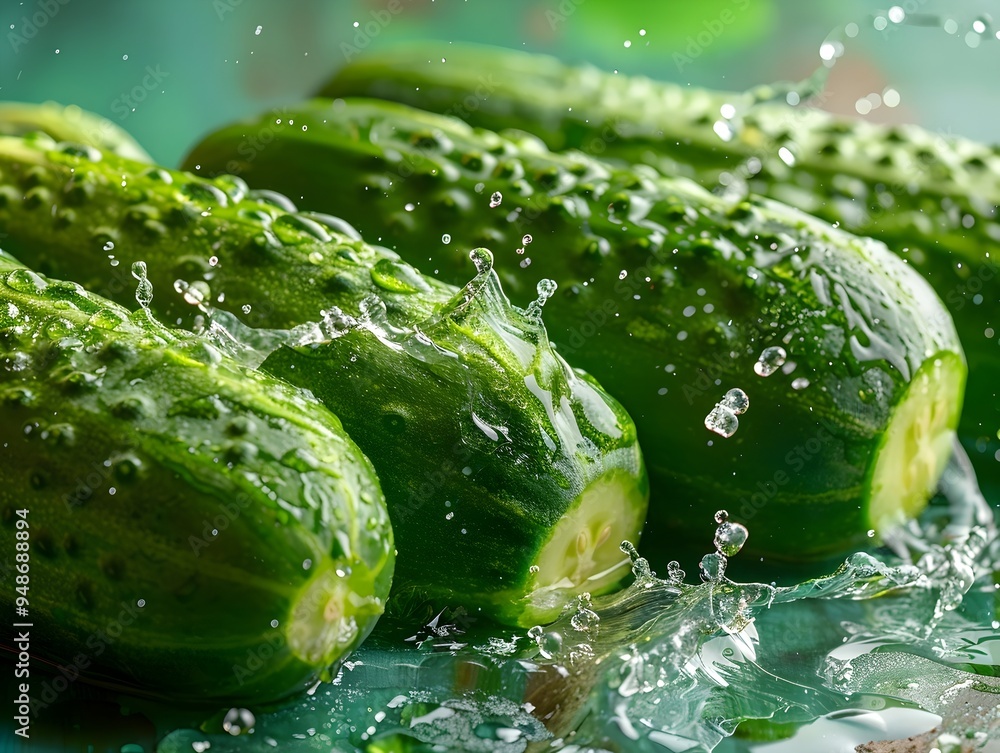 Poster fresh cucumbers splashed with water, creating a vibrant and refreshing image.