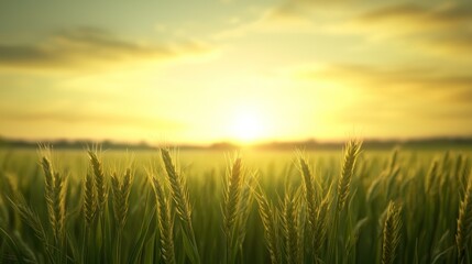 Fototapeta premium Golden wheat field bathed in warm sunlight at sunset, creating a serene and tranquil rural landscape.