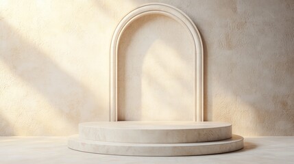 Minimalist display pedestal with elegant arch design against a textured wall, ideal for showcasing products or artworks.