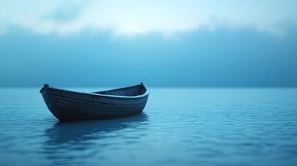 Serene boat floating gently on calm water under misty blue skies, creating a tranquil and peaceful atmosphere.