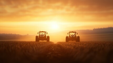 Fototapeta premium Two tractors silhouetted against a stunning sunset over an open field, symbolizing agriculture and rural life.