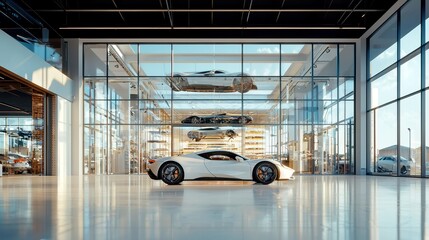 Automotive Showroom Interior, spacious layout showcasing a variety of vehicles, bright ambiance enhancing the modern design, inviting atmosphere for potential buyers.