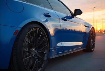 Luxury Blue Sports Car Close-Up at Sunset - Modern Automotive Design
