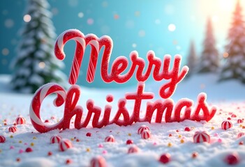 Merry Christmas Candy Cane Text in a Snowy Winter Wonderland