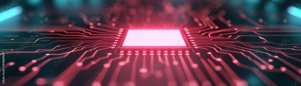 Poster a futuristic close-up of a microchip with glowing circuits, representing advanced technology and dig