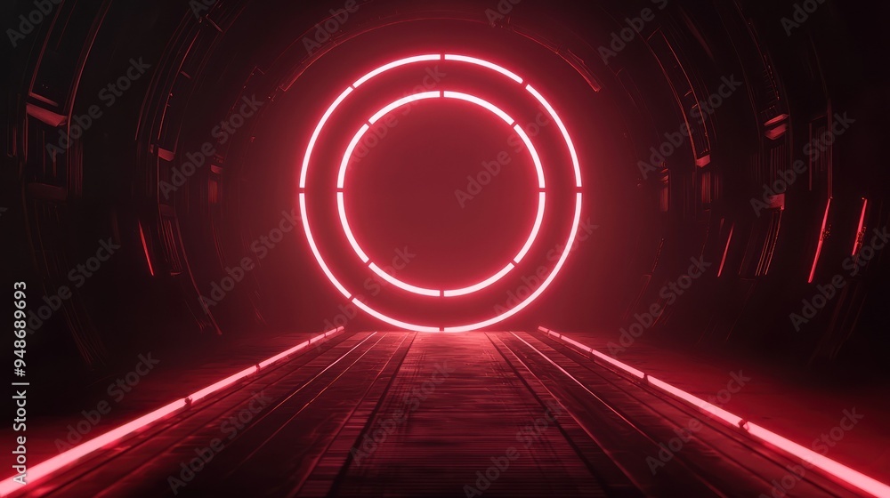 Poster a futuristic tunnel illuminated with vibrant red neon lights and a glowing circular portal at the en