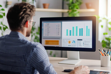 Dashboard and business KPI. Rear view young businessman working on computer, analysing financial indicators. 
