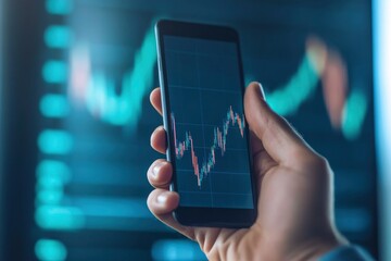Businessman holding stock mobile phone and market economy graph statistic showing growth of profit analyzing financial exchange on blue background. with generative ai