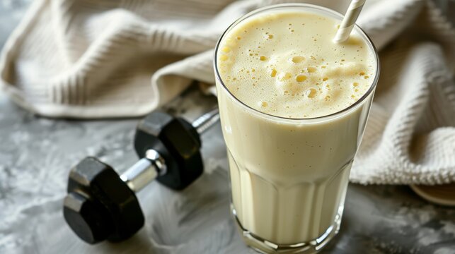 Refreshing vanilla protein shake with fitness accessories on a stylish white bar table