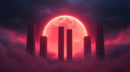 Fototapeta premium A mesmerizing scene featuring a glowing red moon surrounded by towering pillars shrouded in ethereal fog, creating a mystical ambiance.