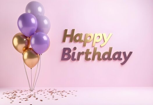 Pastel Happy Birthday Balloons with Gold and Purple Design