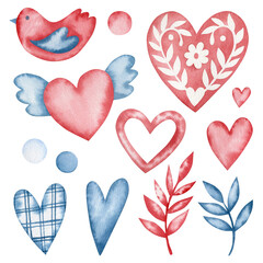 Set of watercolor illustrations of heart, bird branches in pink flowers isolated on white background for Valentine's day, wedding.