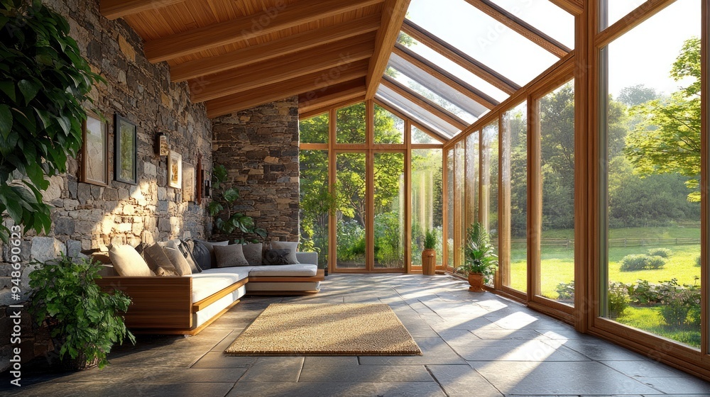 Poster Sunlit modern living room with a view of green nature through large windows, decorated with stone wall, wooden ceiling, plants and a comfy couch.