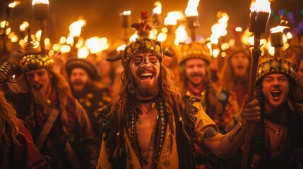 Fototapeta premium A group of revelers immersed in the vibrant colors and energetic rhythms of the Up Helly Aa Viking fire festival in Shetland, Scotland, surrounded by torches and traditional Viking attire.