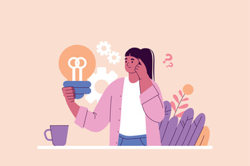 Brainstorm concept with people scene in the flat cartoon design. A woman is holding a light bulb while contemplating her next steps with gears and plants on a background. Vector illustration.