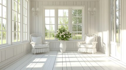 Fototapeta premium Sunlit White Room with Two Chairs and a Flower Arrangement.
