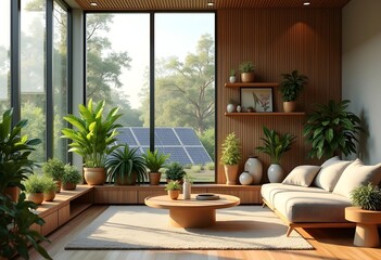 Sustainable Home Interior with Indoor Plants and Solar Panels