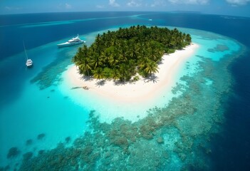 Tropical Island Paradise with Clear Blue Water - Aerial View of a Secluded Beach