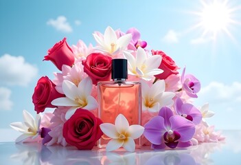 Vibrant Perfume Bottle Surrounded by Fresh Flowers Under a Bright Sky