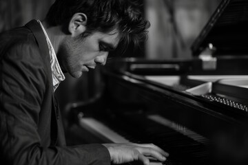 A man attired in a suit, engaged in playing the piano, exuding professionalism and a love for music, Intense emotion radiating from every note played, AI generated