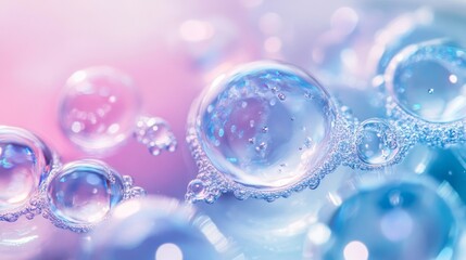 Close up of essence liquid lotion bubble layered skin care product raw materials