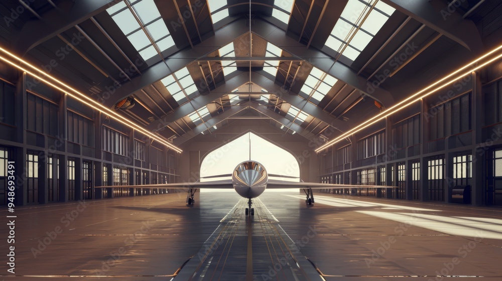 Poster Airplane in hangar with light streaming in.