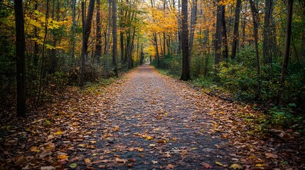 A peaceful trail lined with fallen leaves and autumn trees where the quiet rustle of the wind and the vibrant colors of the foliage create a serene and contemplative atmosphere for hikers