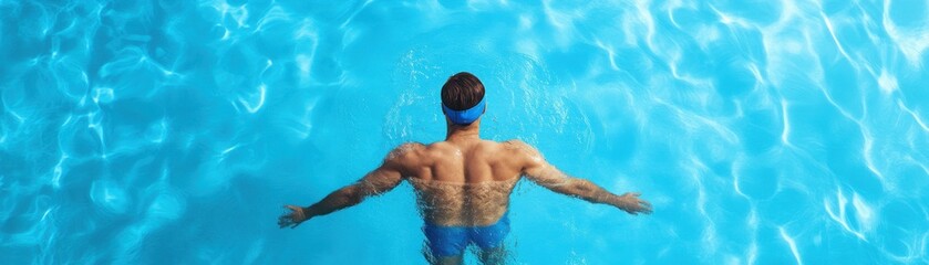 Swimmer with a shoulder injury, undergoing aquatic therapy, serene pool environment, 3D illustration