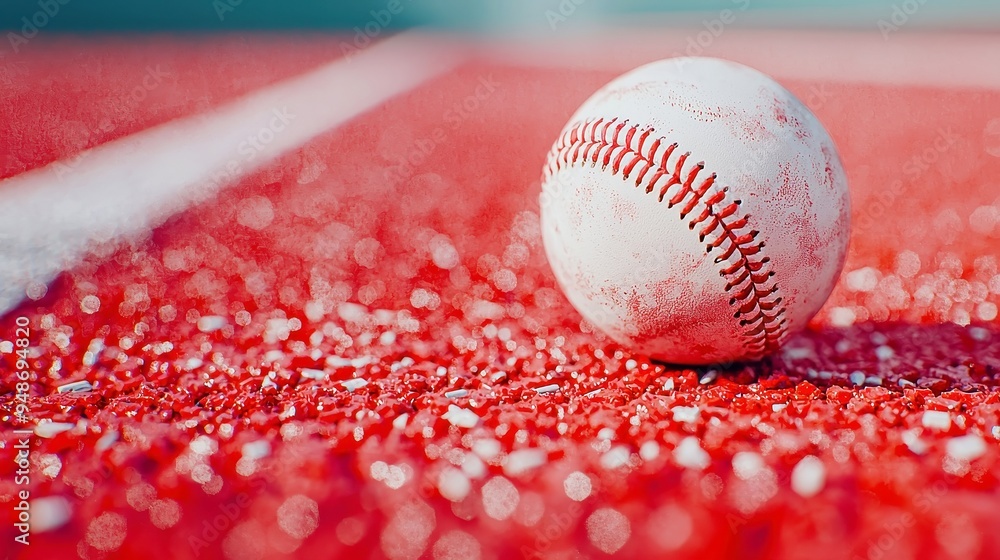 Poster fresh baseball resting on vibrant red rubber track, clear backdrop highlighting the ball's texture a