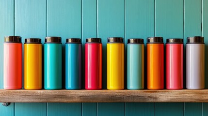 browse a variety of colorful thermos mugs displayed on a wooden shelf and pick your favorite an enticing concept banner