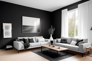 Modern living room with black worn-effect wall and large window
