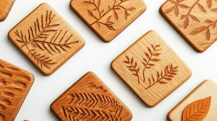 Handcrafted wooden coasters featuring intricate leaf and branch carvings, perfect for home decor and rustic aesthetics.