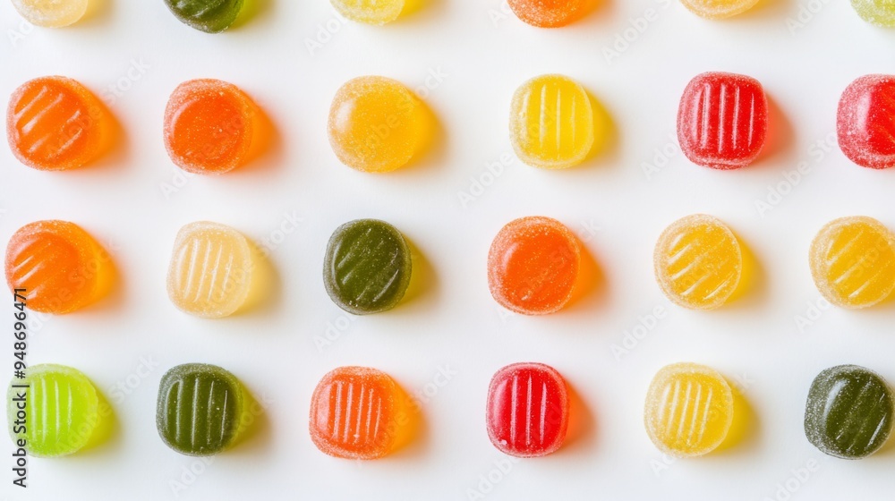 Poster A vibrant image of multiple hard candies in various flavors and colors, arranged in a pattern or grid on a white background to create a visually appealing effect.