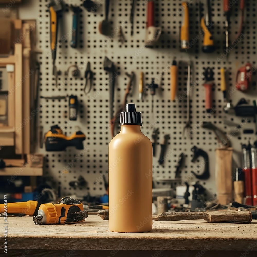 Poster sealant bottle in garage setting, a centered sealant bottle surrounded by various construction tools