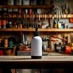 Sealant Bottle in Garage Setting, a central sealant bottle surrounded by various construction tools, illuminated by studio light, showcasing a functional workspace atmosphere.
