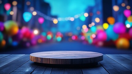 Obraz premium Wooden podium against a background of a holiday parade, with vibrant floats and banners softly illuminated by studio light. 