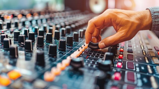 Sound engineer fine tuning audio levels at music festival with dj mixer for optimal performance