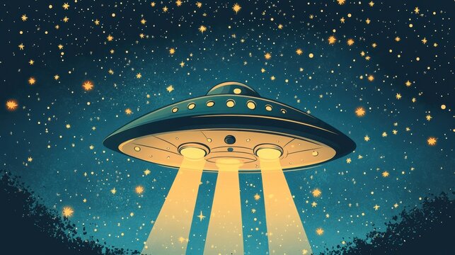 space-themed celebration, celebrate ufo world day with a sleek banner featuring a minimalist ufo spaceship soaring through a starry sky against a deep blue backdrop - Powered by Adobe