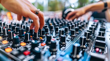 Sound engineer fine tuning audio levels at music festival with dj mixer on studio desk